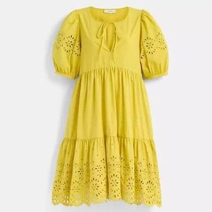 Coach Dress Women's Size 2 Cotton Yellow Restored Broderie Anglaise Puff Sleeve